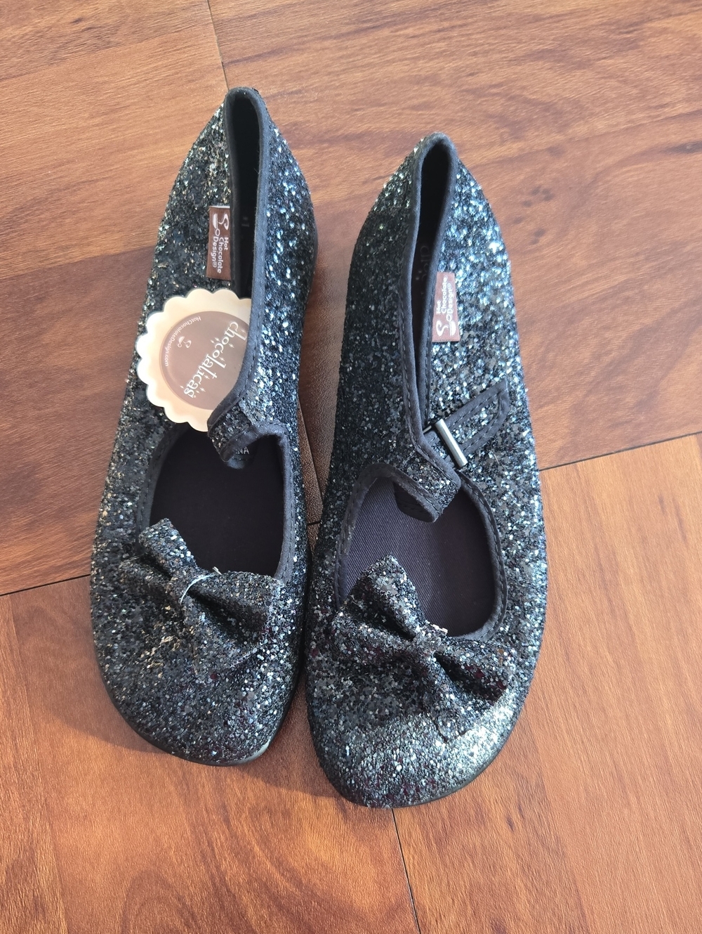 Hot Chocolate Design Sparkle Bow Mary Jane Flats - Black Women's Sz 8/38